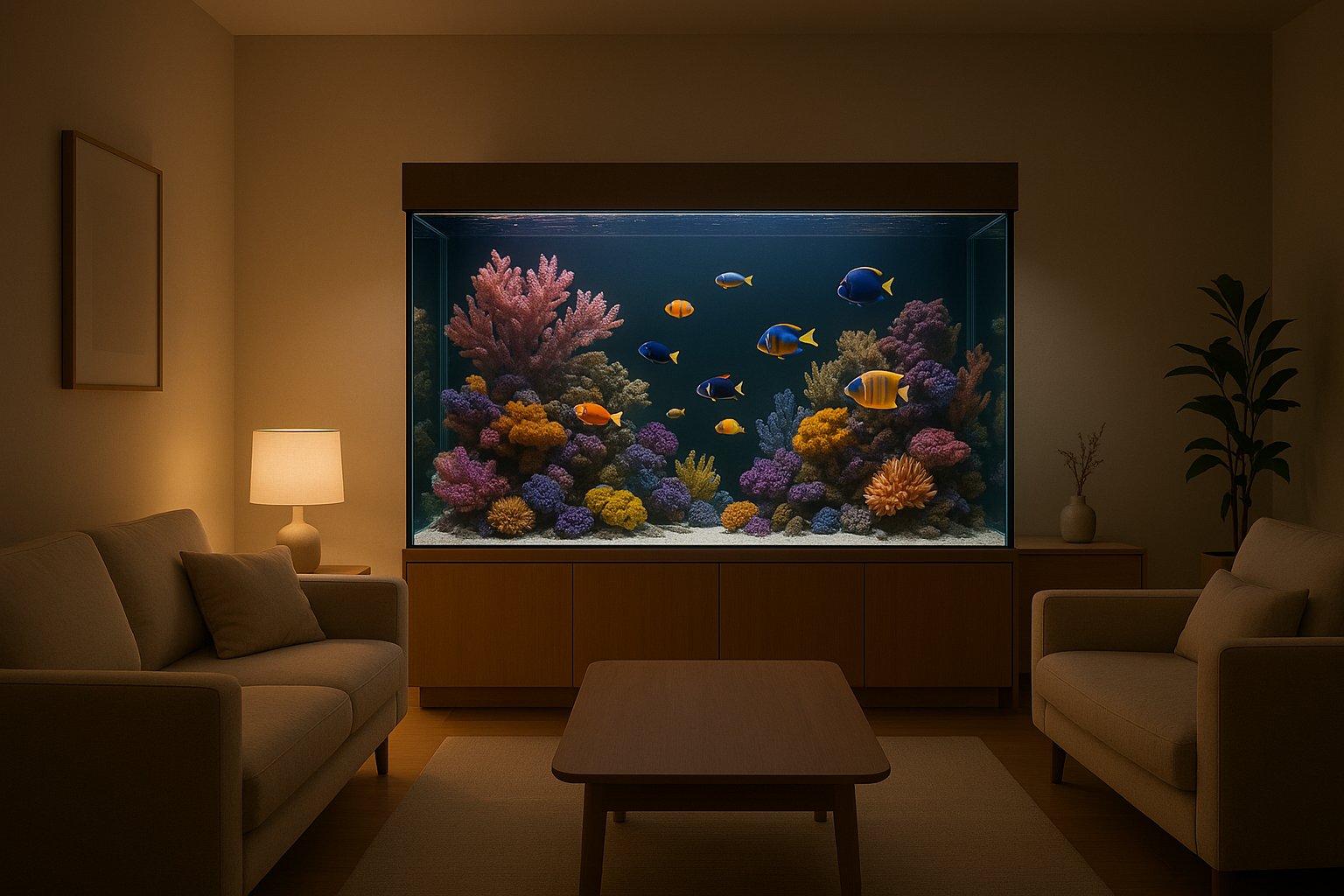 Aquarium Setup

“A modern living room interior with a large, beautifully maintained marine aquarium featuring colorful corals and exotic fish, minimal aesthetic, cozy warm lighting.”