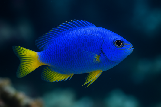 close up shot of azure blue yellow tail damsel is a vibrant marine fish with a bright sapphire blue body and a contrasting bright yellow tail. Some individuals may also display yellow on the anal and dorsal fins, and even the pelvic or pectoral fins. 
