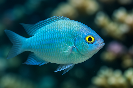 close up shot of Blue-green Chromis