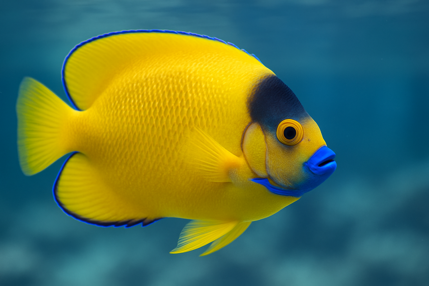 close up shot of The Blue Lipstick Angelfish also referred to as the Threespot Angelfish, is a brilliant yellow with blue lips, a dark blue-black dorsal spot where the head joins the body, and a light tan spot behind the eye.