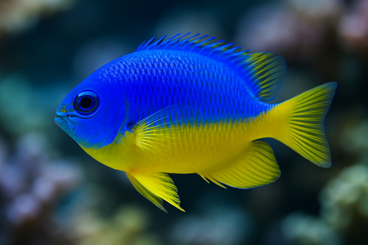 close up shot of Yellow Belly Blue Damsel