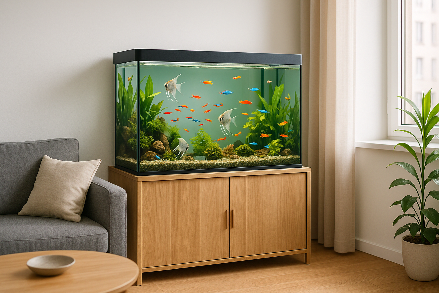 Compact Apartment Aquarium

“Small apartment living room with a sleek aquarium setup on a wooden cabinet, bright exotic fishes swimming inside, minimal modern design, natural daylight.”