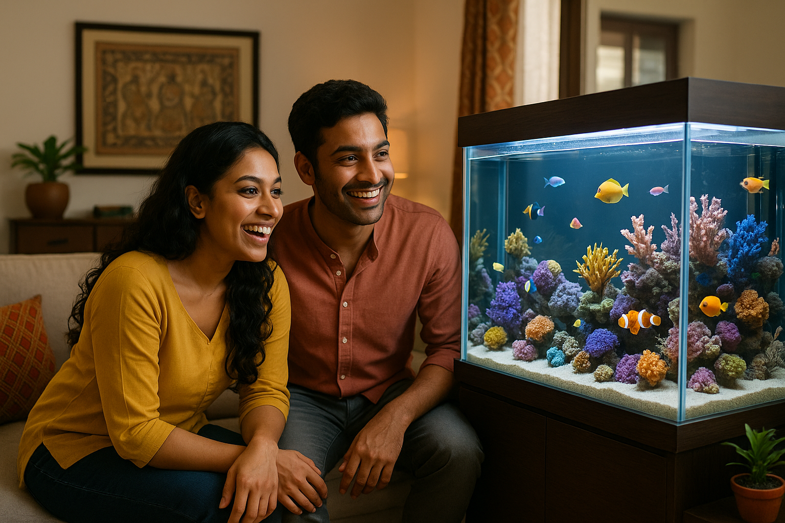 Customer Lifestyle Shot

“Happy young couple admiring a marine fish tank in their home, modern Indian living room, bright and clean, lifestyle photography, realistic style.”
