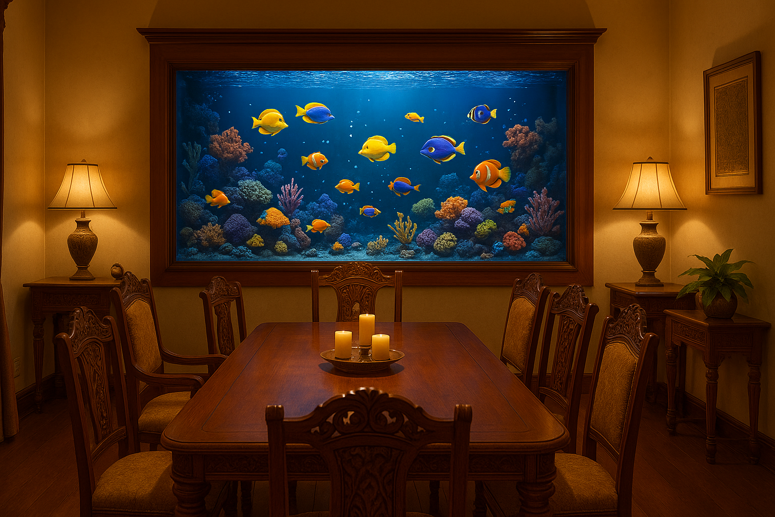 Dining Room Aquarium Setup
“Elegant Indian dining room interior with a large wall-mounted aquarium as the centerpiece, colorful marine fishes glowing under soft lighting, cozy and welcoming family atmosphere.”