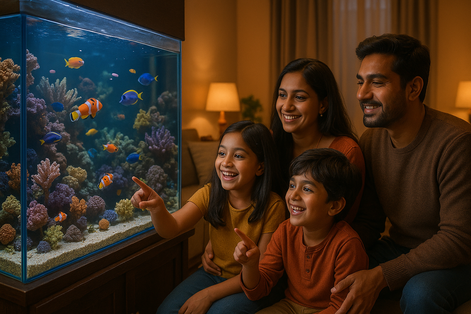 Family Enjoying Aquarium

“Indian family relaxing in a living room with a big marine fish tank, kids smiling while watching fishes swim, cozy lifestyle photography, warm tones.”