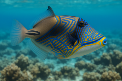 image of Picasso Triggerfish (Humu-Humu, Lagoon Triggerfish ...The Picasso triggerfish has a light tan or greyish body with dark, gradient bands and vibrant blue and black stripes on its head. It features a distinct yellow stripe from its mouth to below its pectoral fin and a bright blue ring around its mouth. This complex, painted pattern includes intersecting yellow and blue-black stripes and is responsible for its name, which is a reference to the famous artist Pablo Picasso.