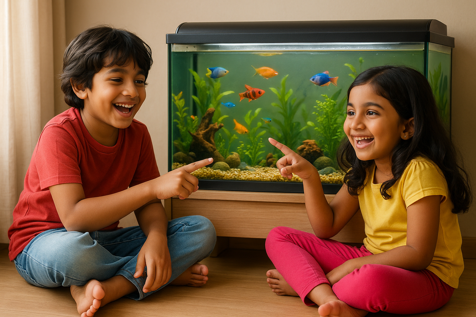 Kids Watching Aquarium
“Two Indian kids sitting on the floor in front of a medium-sized aquarium, smiling and pointing at fishes swimming inside, cheerful and heartwarming lifestyle scene.”