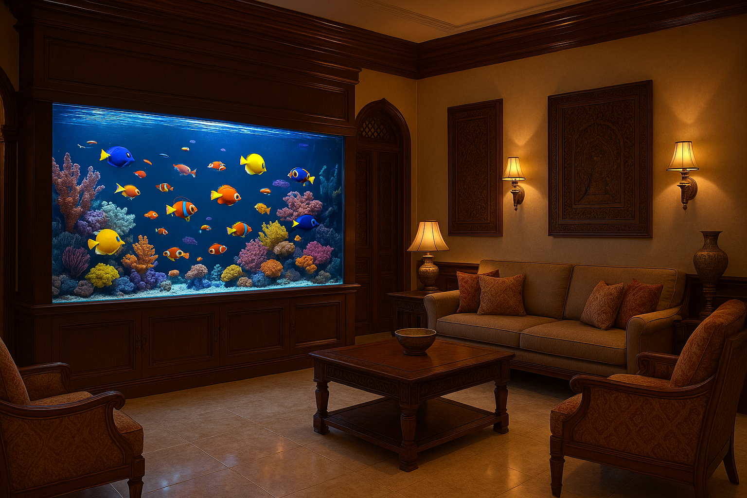 Luxury Home Aquarium Setup

“Wide shot of a luxury Indian home interior with a large built-in marine aquarium full of vibrant fishes, elegant warm lighting, cozy and stylish atmosphere.”