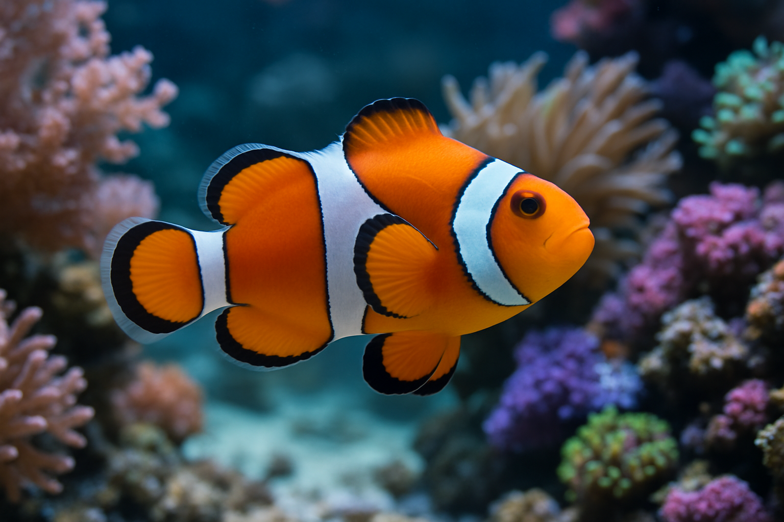 Marine Fish Close-Up

“High-quality close-up photo of a vibrant clownfish swimming in a crystal-clear marine aquarium with live corals, soft natural lighting, realistic underwater photography style.”