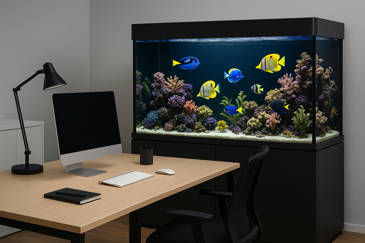 Modern Office Aquarium

“A sleek office workspace featuring a medium-sized marine fish tank with colorful exotic fishes, clean desk setup, minimal modern interior design.”