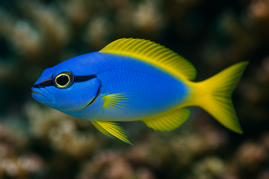 no, They typically have a blue body that fades into a yellow tail, with a distinctive forked tail fin. A black line edged with blue extends from the eye, and the dorsal fin is yellow. 