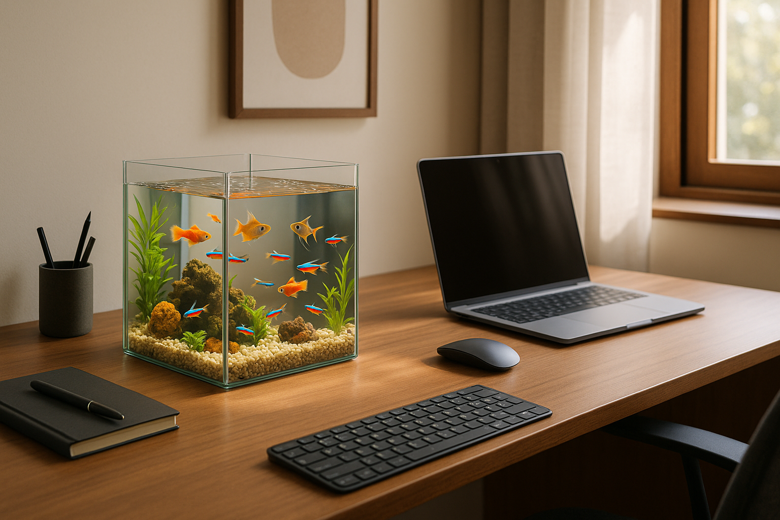 Office Desk Aquarium
“Modern Indian office desk with a compact nano aquarium featuring bright tropical fishes, minimal clean design, soft daylight coming through the window, stylish workspace vibe.”