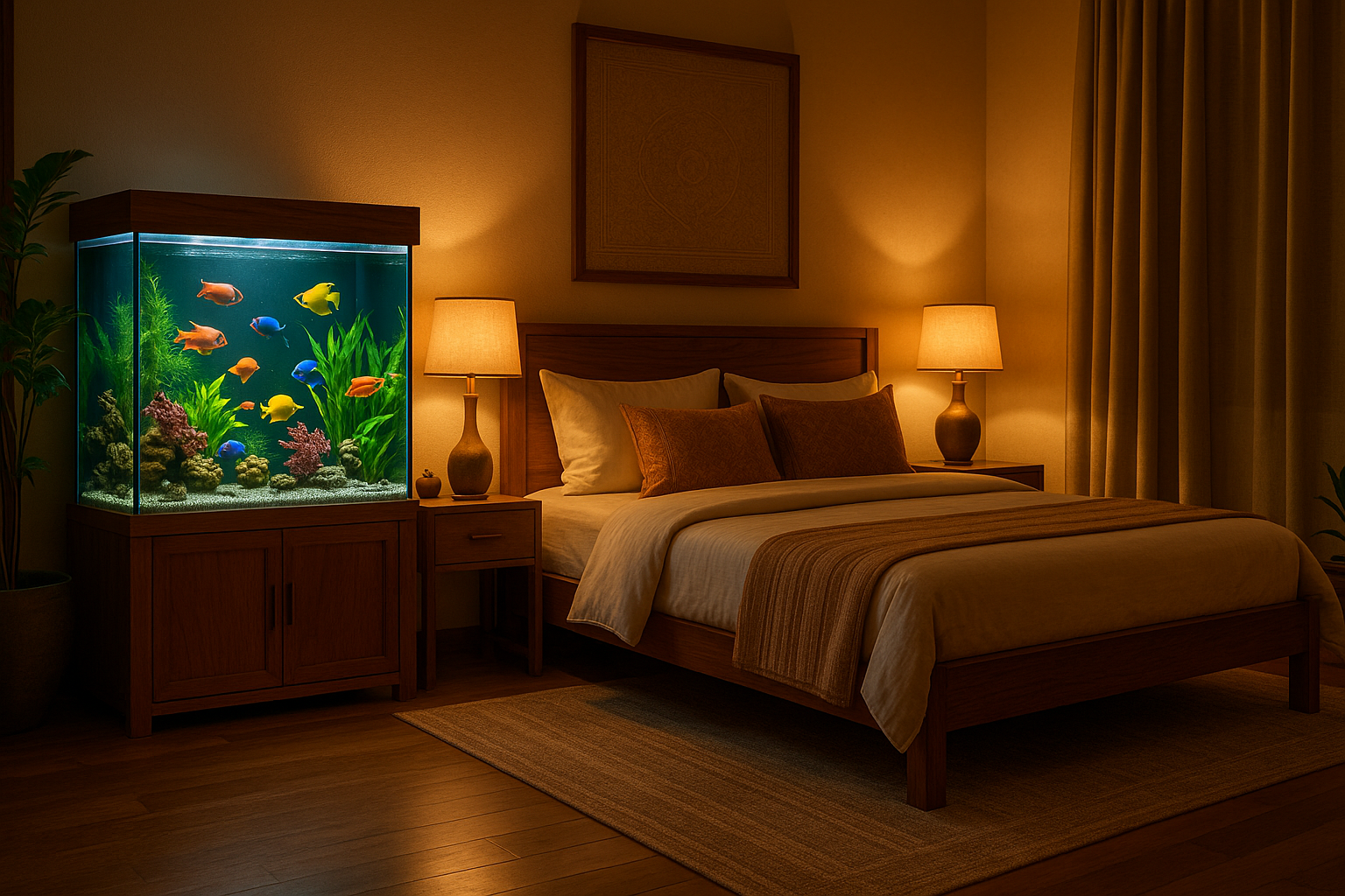 Stylish Bedroom Aquarium Setup

“Modern Indian bedroom interior with a medium-sized aquarium placed beside the bed, filled with colorful fishes, warm ambient lighting, cozy and calming atmosphere.”