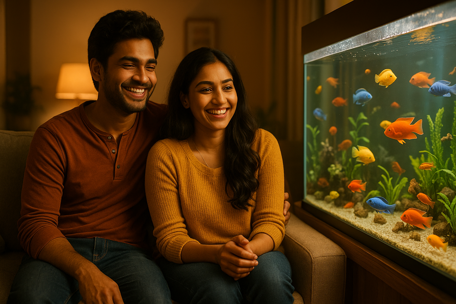 Young Couple with Aquarium

“Young Indian couple sitting on a sofa, smiling and enjoying their large aquarium filled with vibrant fishes, cozy lifestyle photography, natural warm tones.”